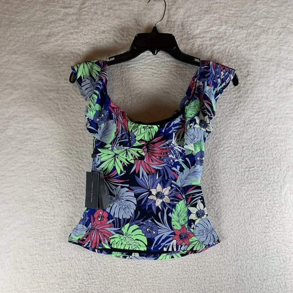 Tommy Hilfiger Tankini Top Womens XS Multicolor Printed Ruffled Off The Shoulder
